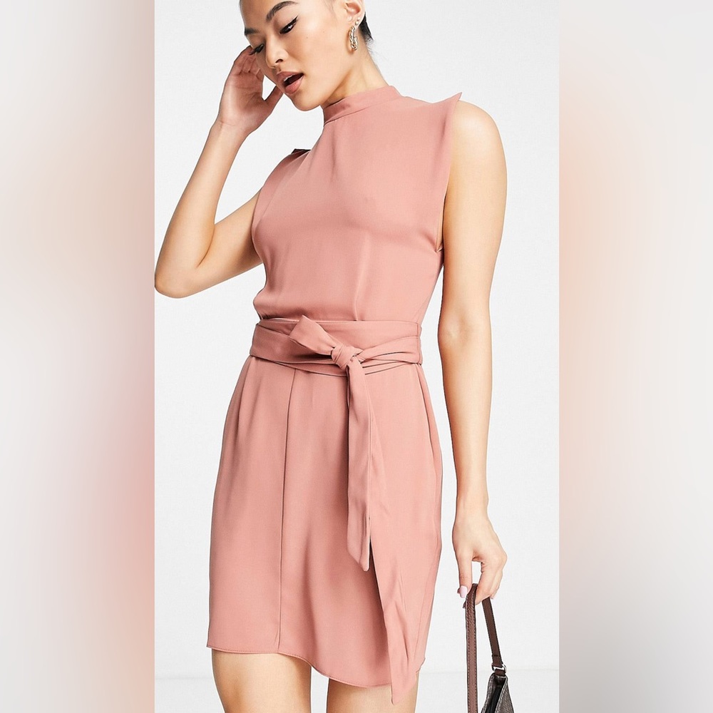 ASOS DESIGN split sleeve mini dress with obi belt in terracotta